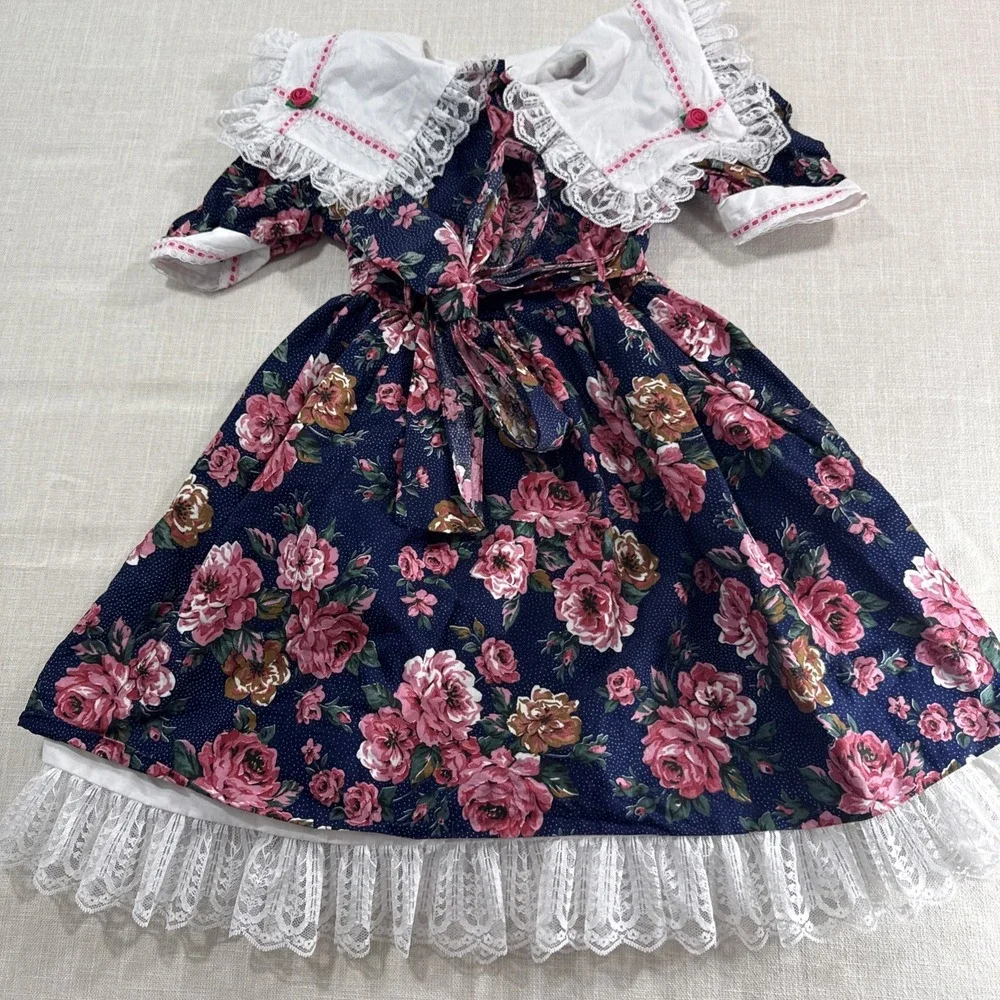 Vtg Pazazz Dress Girls 3 Prairie Floral Lace‎ Ruffle Cottagecore USA Made